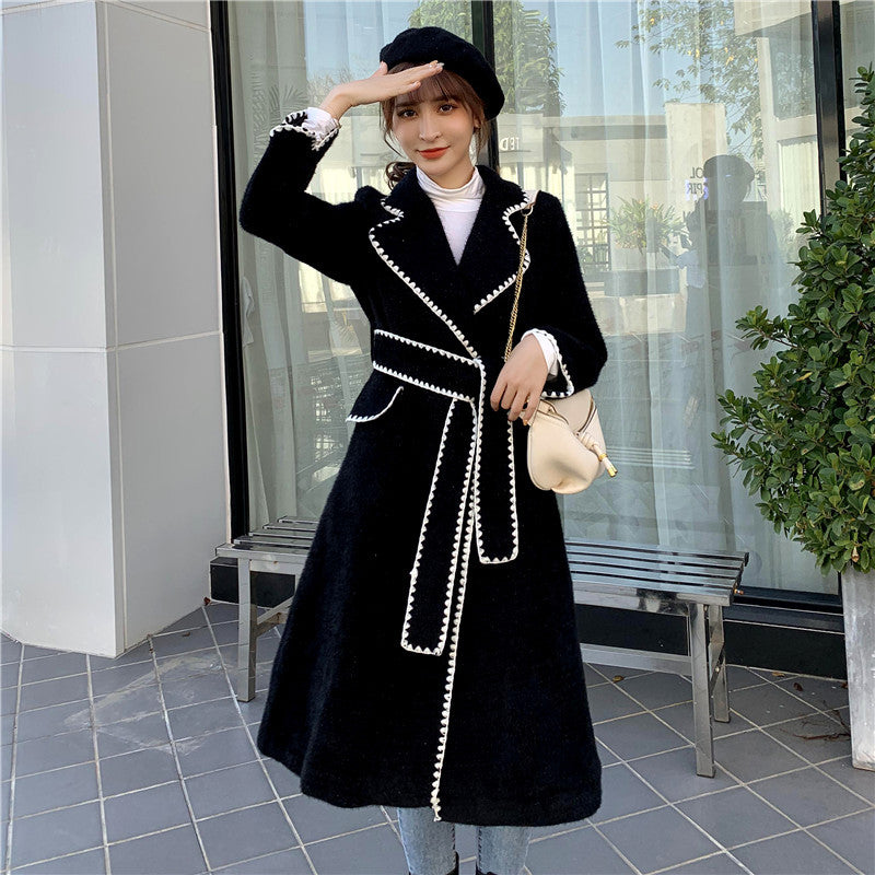 Korean Slim Fit Long Wool Coat with Wave Edge Collar