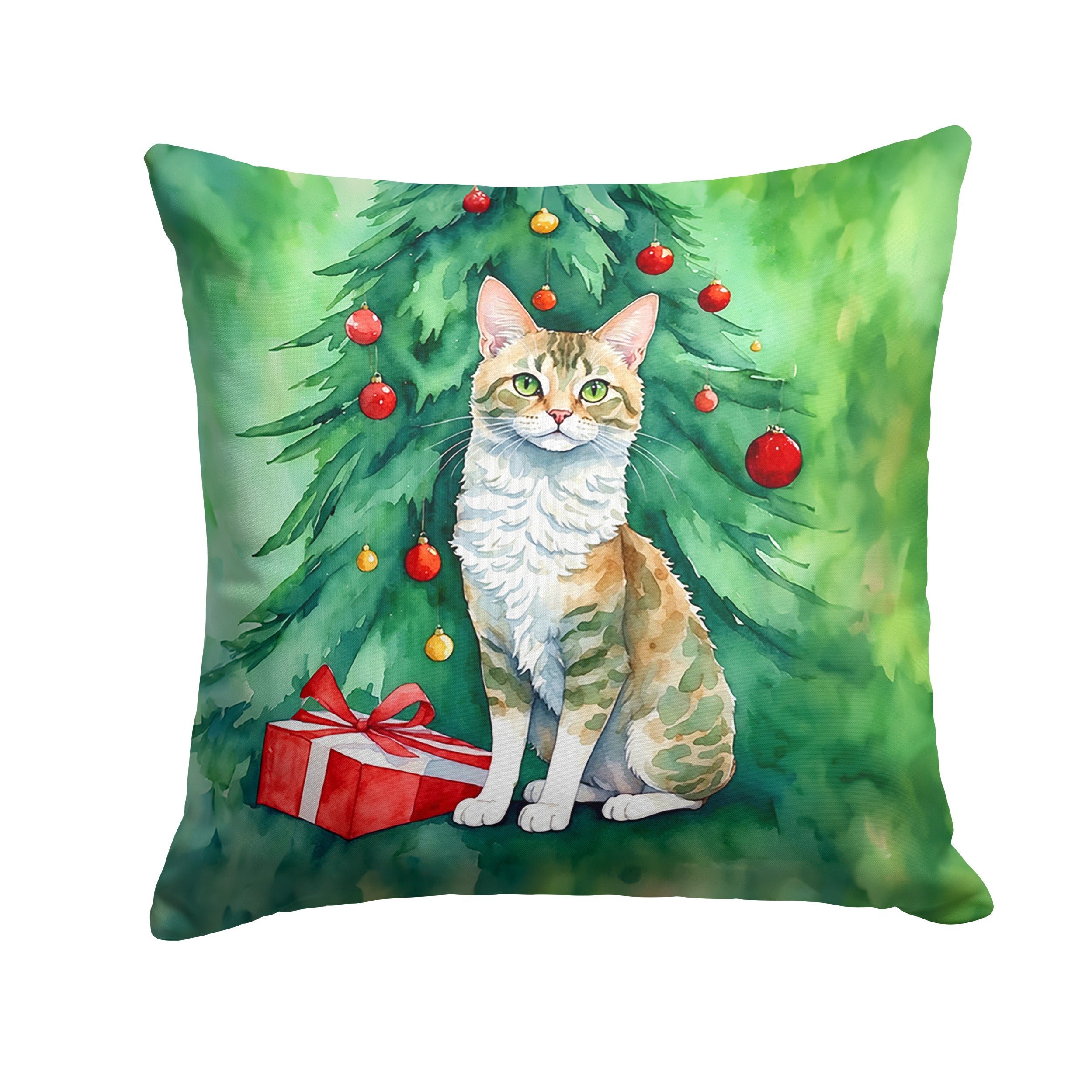 Oregon Rex Cat By the Christmas Tree Throw Pillow
