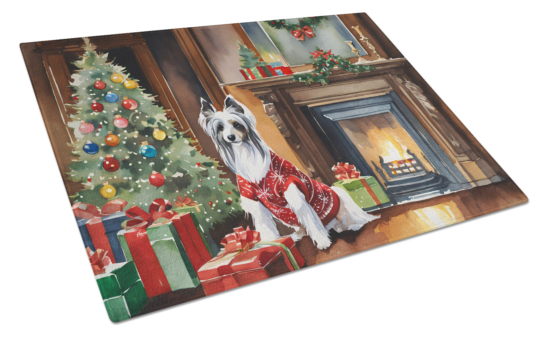 Chinese Crested Cozy Christmas Glass Cutting Board
