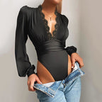 Winter Women's Sexy Lace Bubble Sleeve Bodysuit