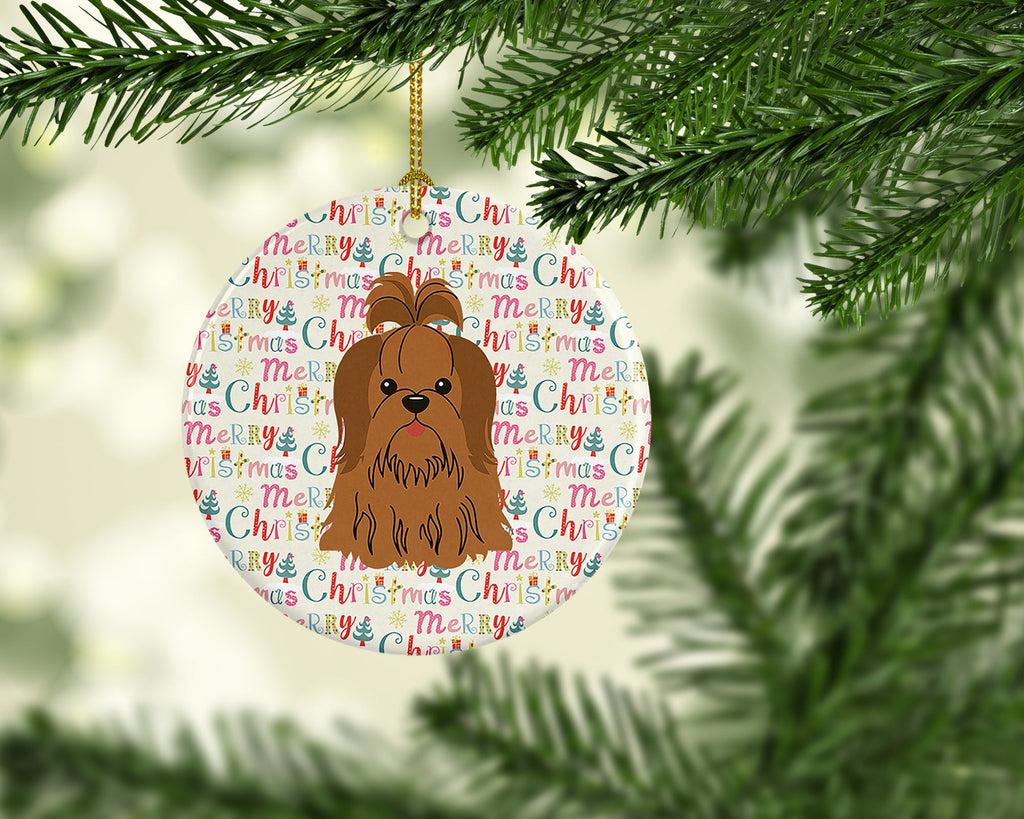 Merry Christmas Shih Tzu Silver Chocolate Ceramic Ornament