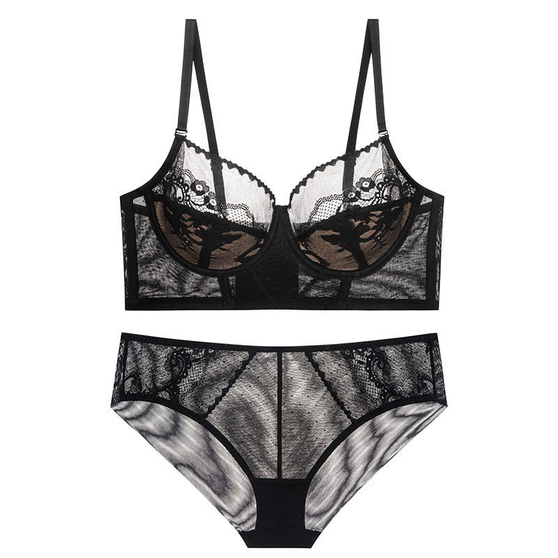 Ultra-Thin Hollow Black Lace Women's Bra Set