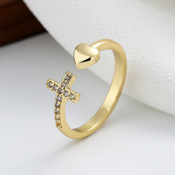 Cross Heart Adjustable Ring with Rhinestones (Fashion)