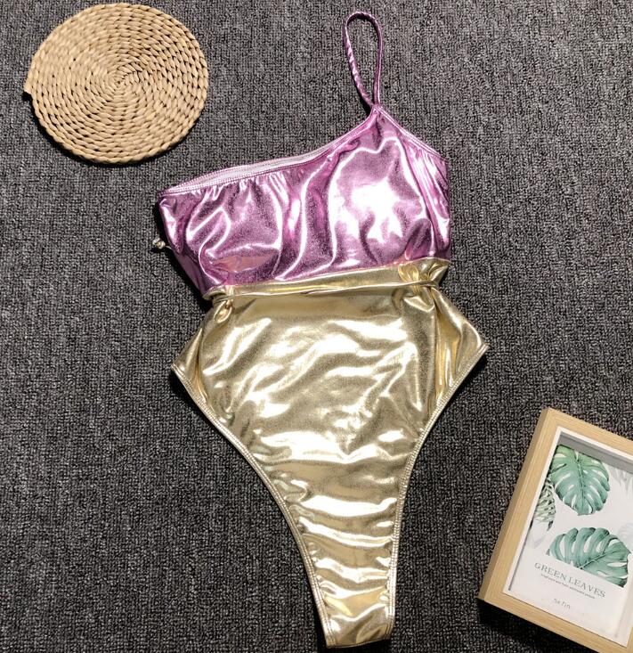 Metallic Pink and Gold High-Cut One-Piece Swimsuit
