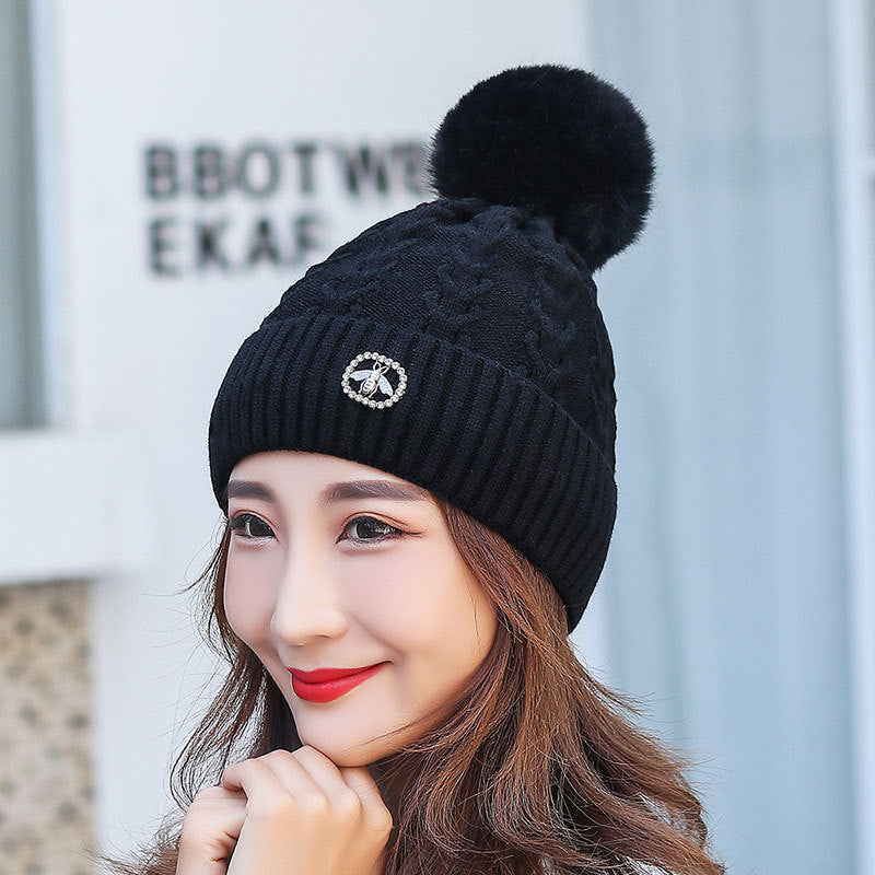Warm Fleece-Lined Slouchy Knit Beanie with Pompom | Embroidered Cap