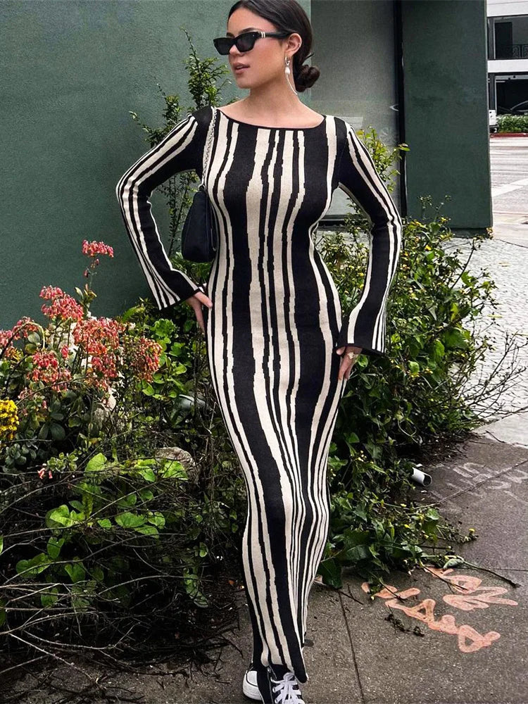 Tossy Knit Striped Long Wrap Dress for Women Fashion