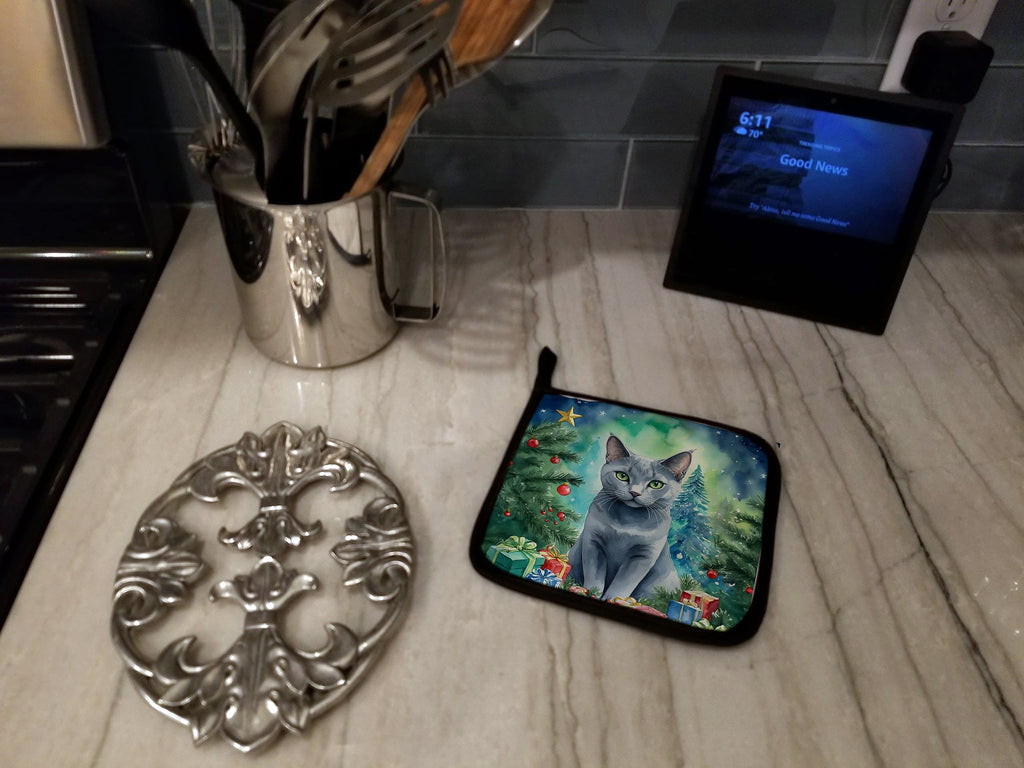 Russian Blue Cat By the Christmas Tree Pair of Pot Holders