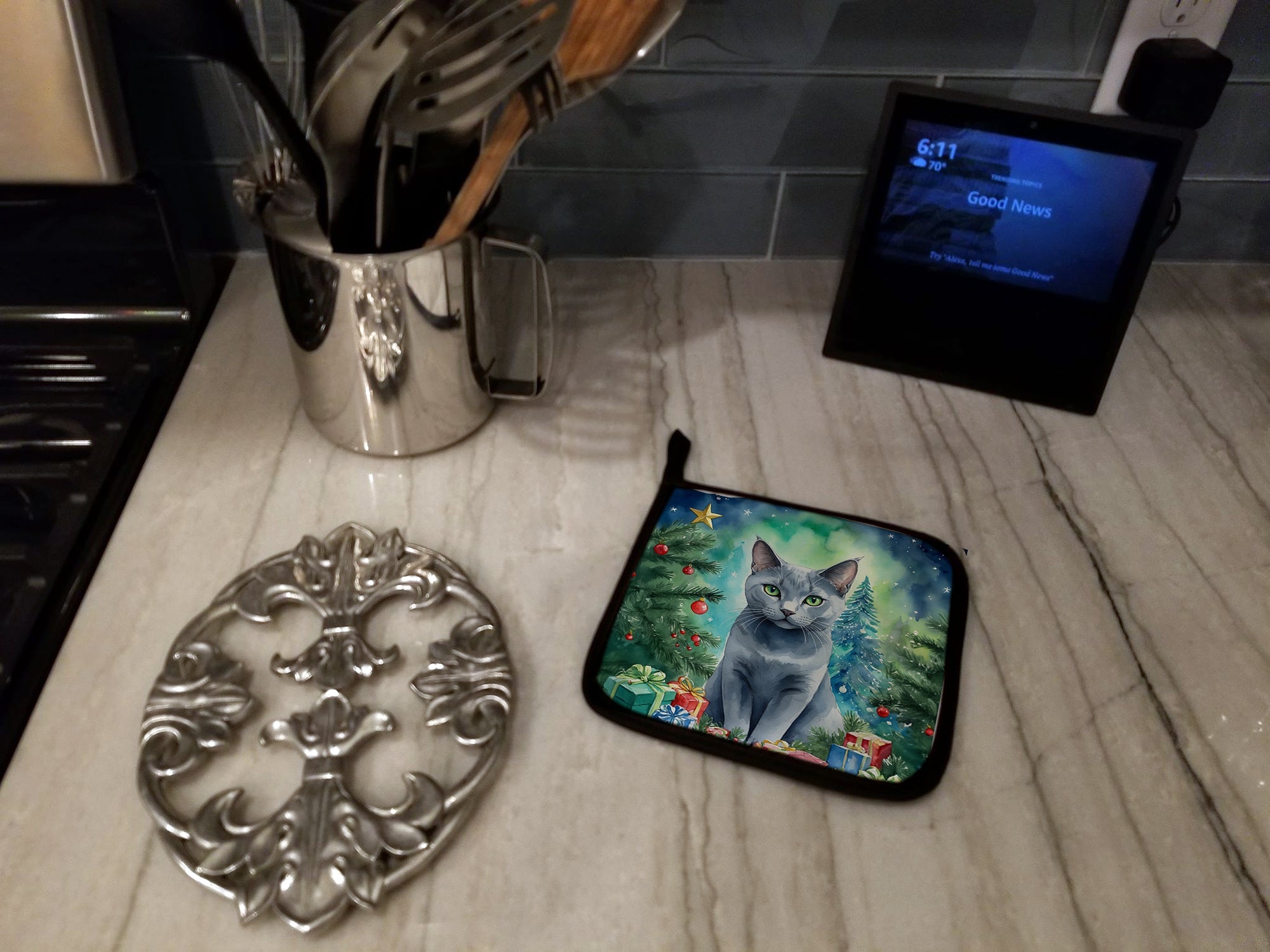 Russian Blue Cat By the Christmas Tree Pair of Pot Holders