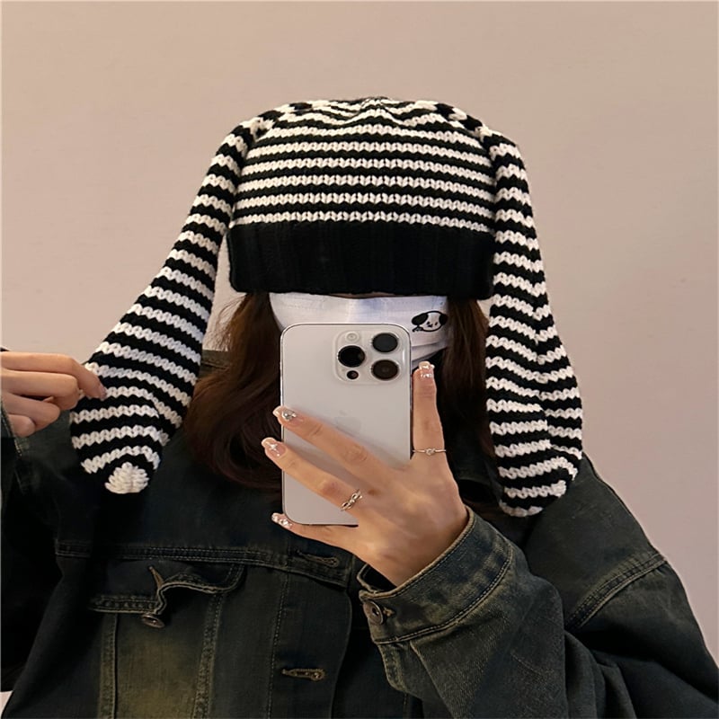 Cute Rabbit Ears Striped Knit Wool Beanie Hat | Embroidered Cap