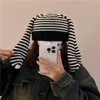 Cute Rabbit Ears Striped Knit Wool Beanie Hat | Embroidered Cap