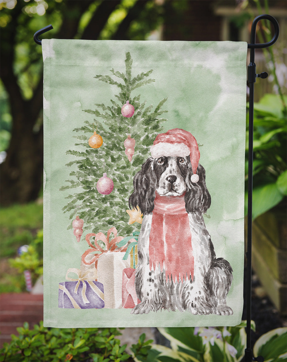 Cocker Spaniel English Black Parti Christmas Presents and Tree Garden Flag