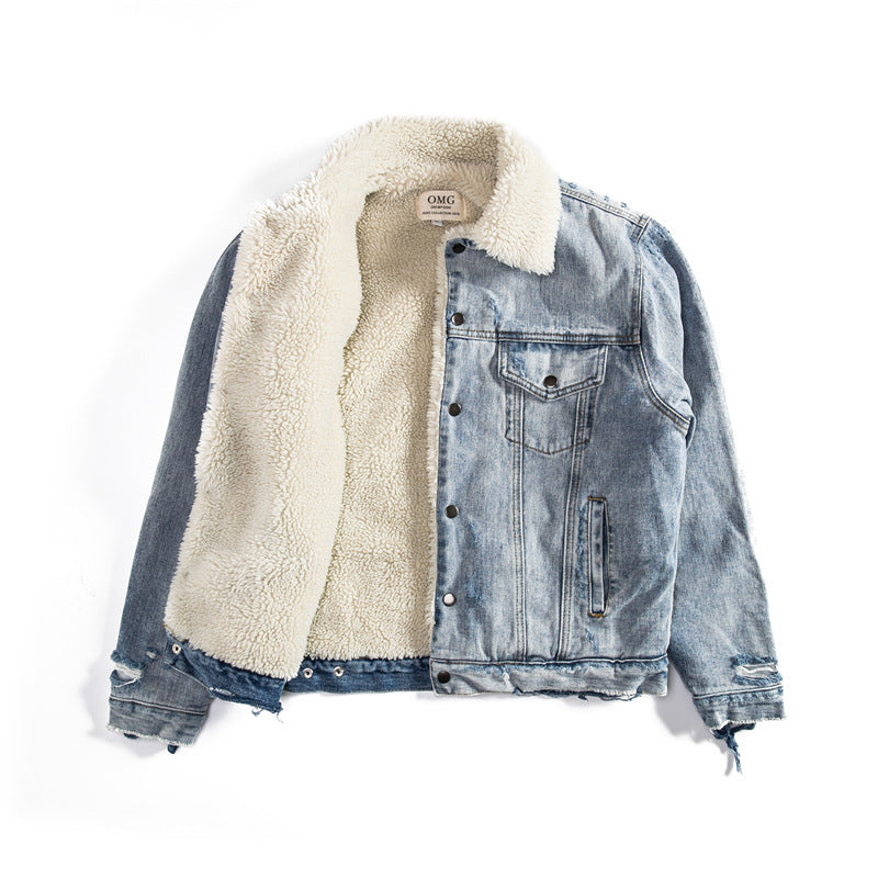 Winter Men's Distressed Lamb Wool Denim Jacket
