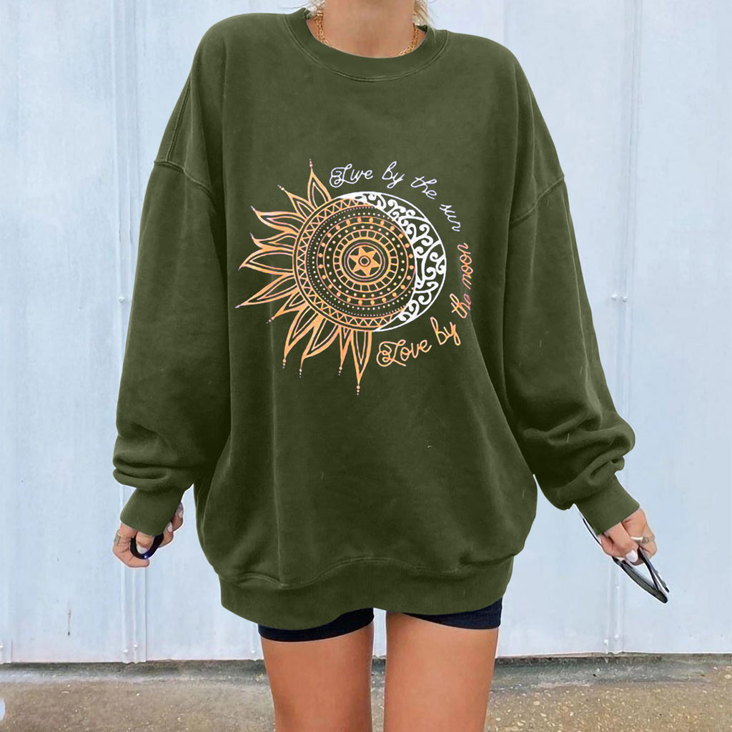Chrysanthemum Print Round Neck Long Sleeve Sweater