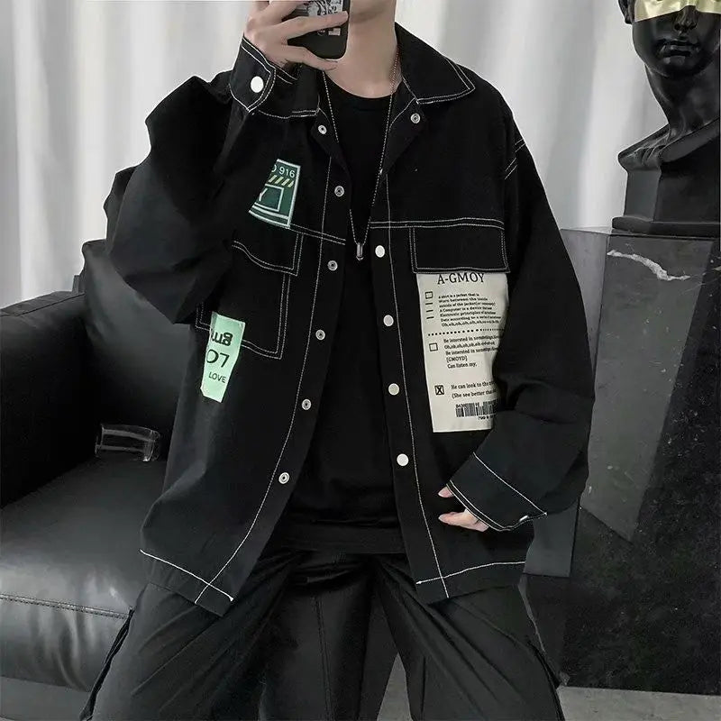 Men's Loose Black Denim Jacket with Spliced Design