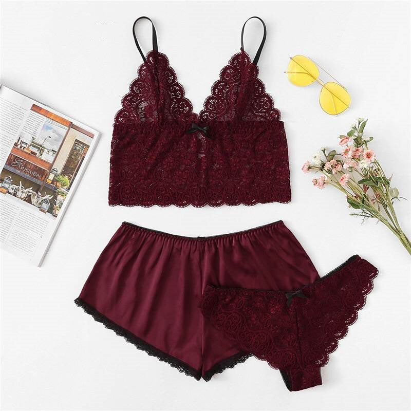 Lace and Satin Summer 3-Piece Sleepwear Set