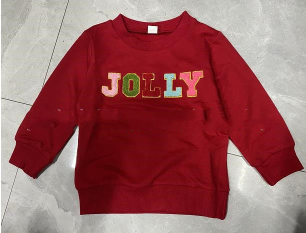 Red Christmas Embroidery Letter Crew Neck Sweater