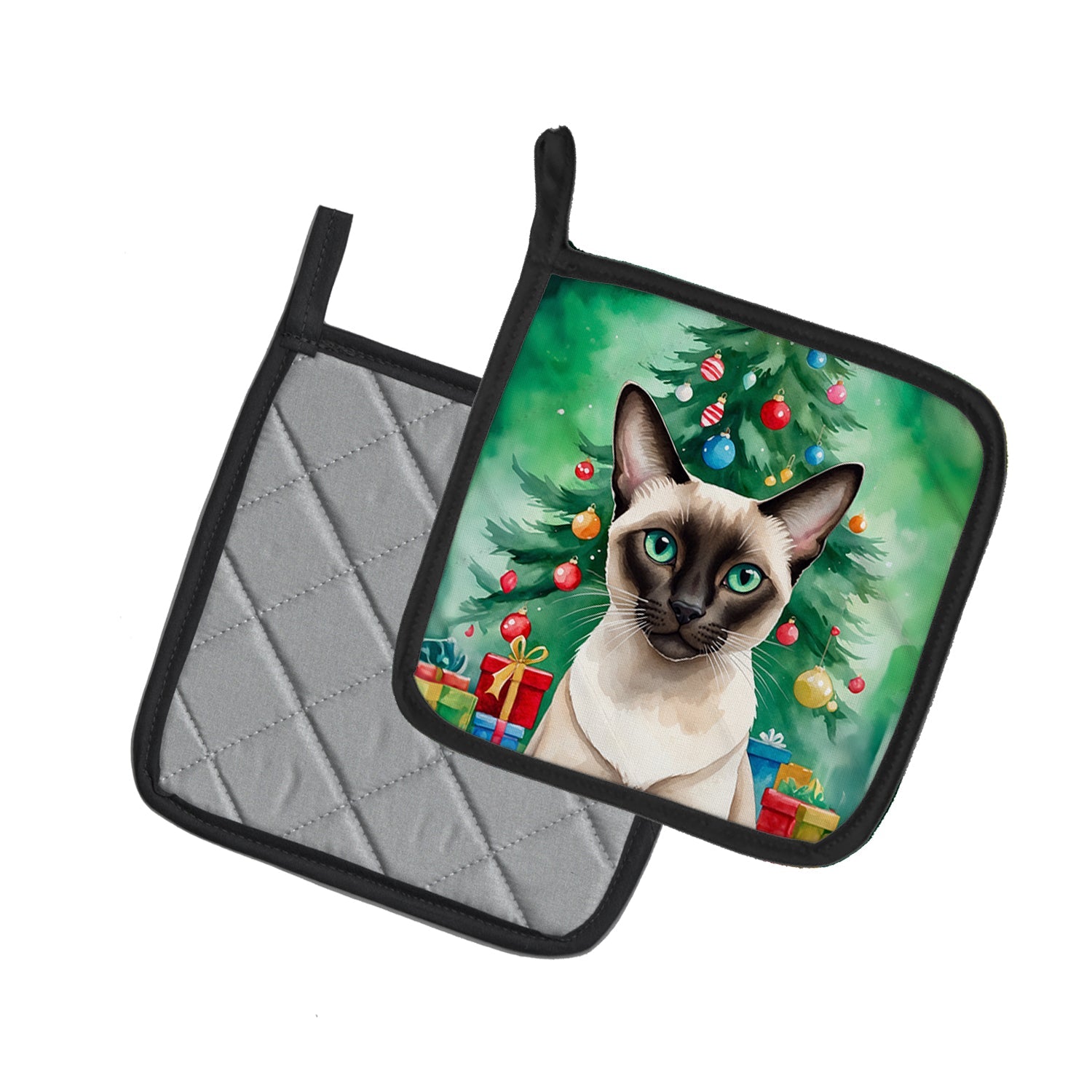 Colorpoint Shorthair Cat By the Christmas Tree Pair of Pot Holders