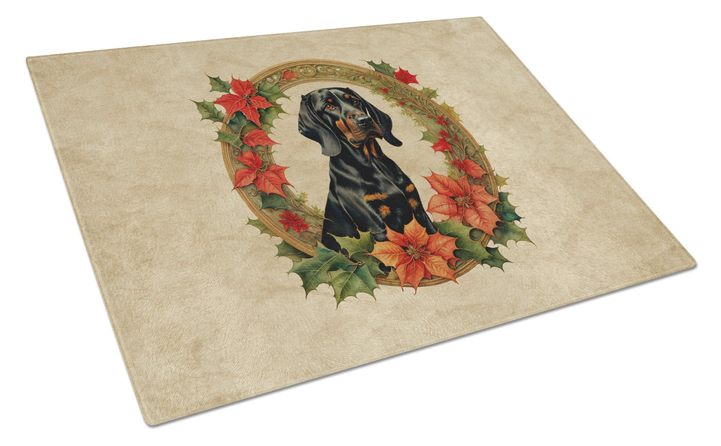 Black and Tan Coonhound Christmas Flowers Glass Cutting Board