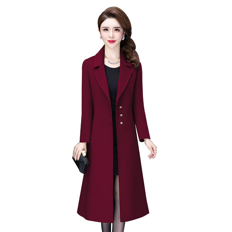 Slim Fit Woolen Overknee Mid-length Coat for Women