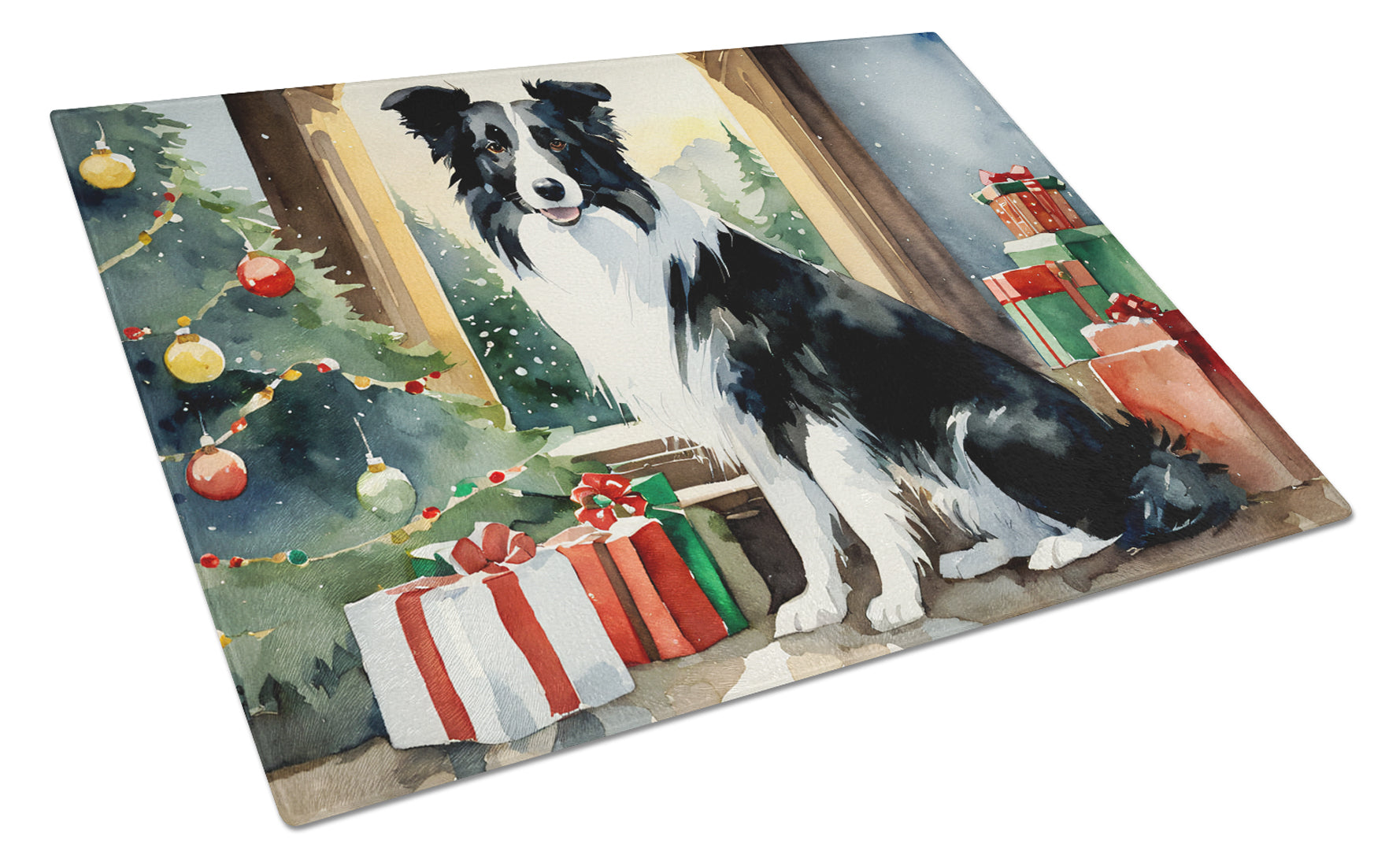 Border Collie Cozy Christmas Glass Cutting Board