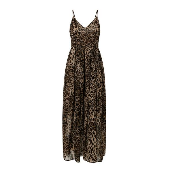 Leopard Print V-Neck Maxi Dress with Spaghetti Straps