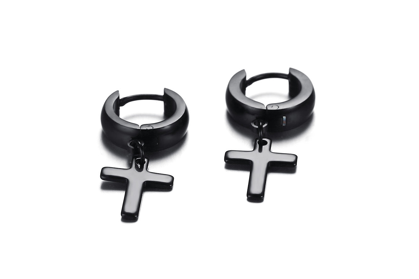 Stainless Steel Cross Drop Hoop Earrings