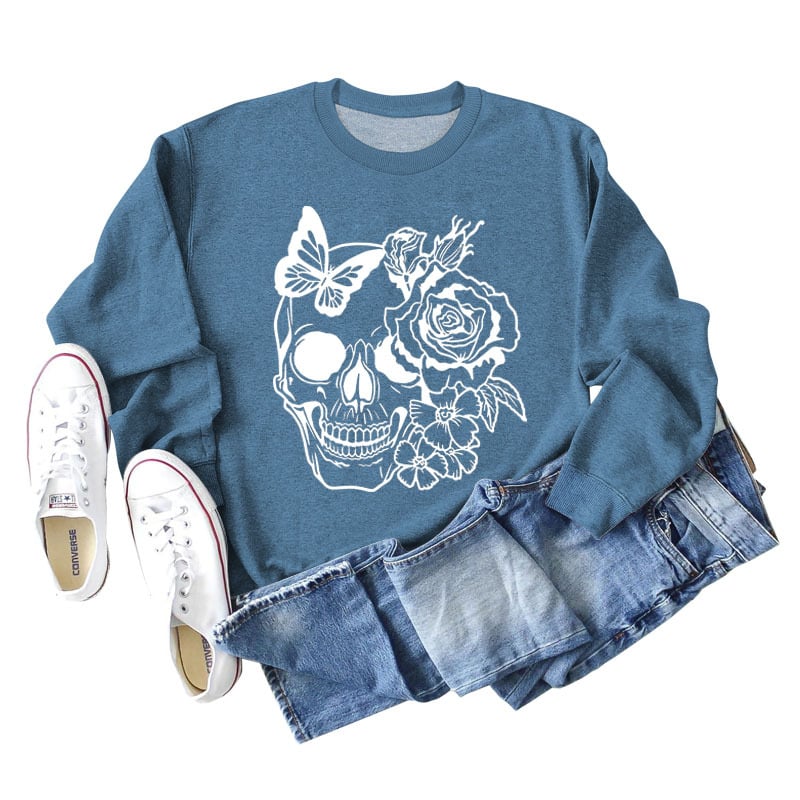 Women's Long Sleeve Sweater with Skull Butterfly Design