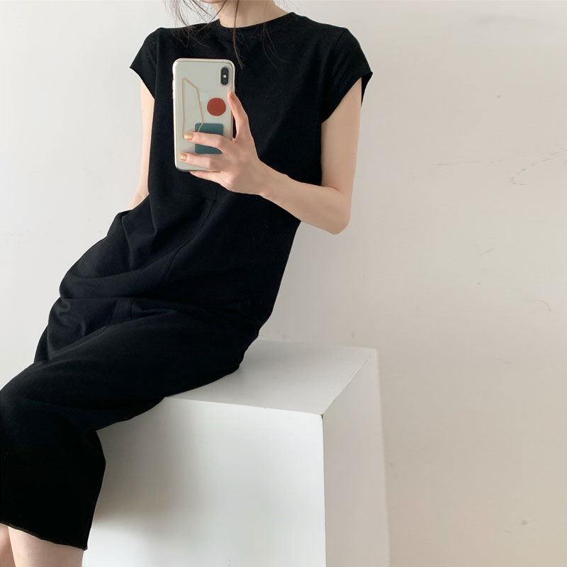 New Cotton Long Dress with Side Slit and Short Sleeves