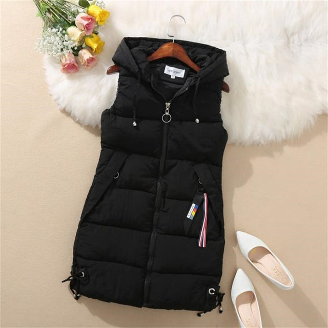 Long Cotton Gilet for Women - Hooded Sleeveless Jacket