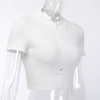 Zipper Short Sleeve T-Shirt, High-Waist Crop Top