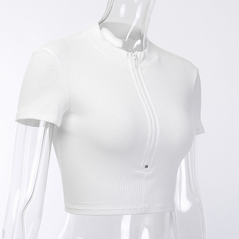 Zipper Short Sleeve T-Shirt, High-Waist Crop Top