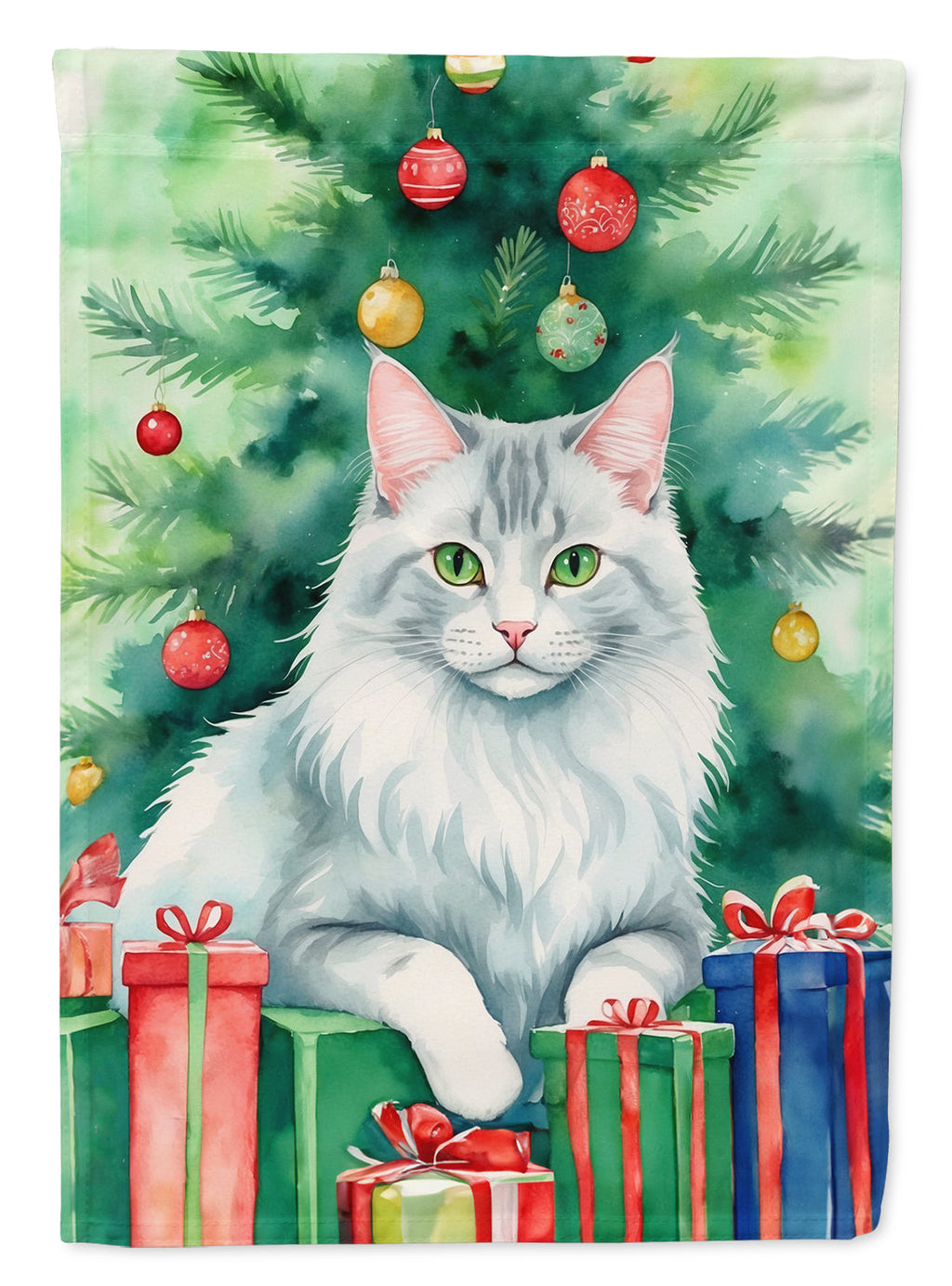Turkish Angora Cat By the Christmas Tree Garden Flag