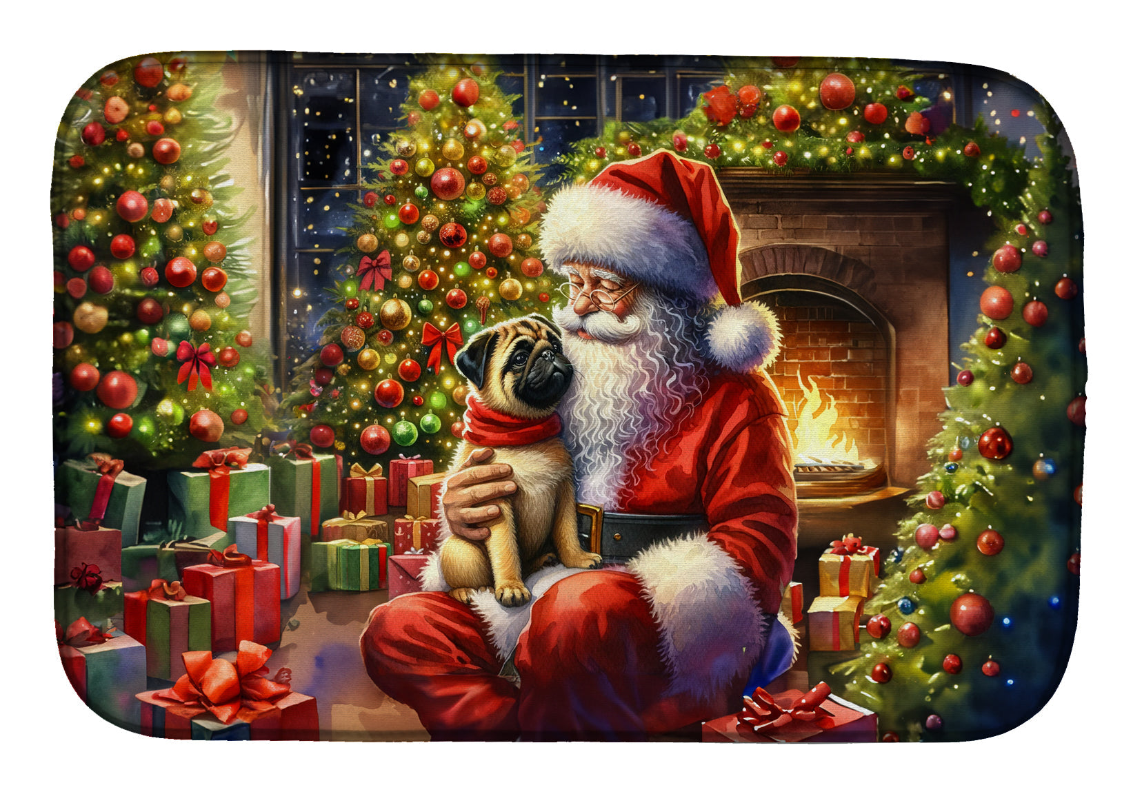 Fawn Pug and Santa Claus Dish Drying Mat