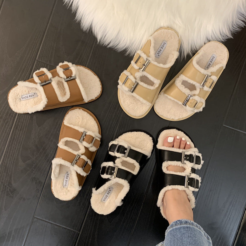Lamb Wool One-Piece Sandals for Autumn and Winter