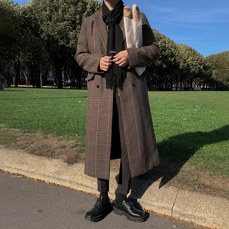Medium Length Woolen Plaid Coat