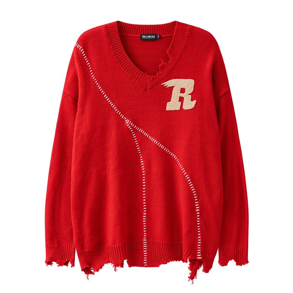 Chaopai Loose Long-sleeved Sweater with Frayed Edges