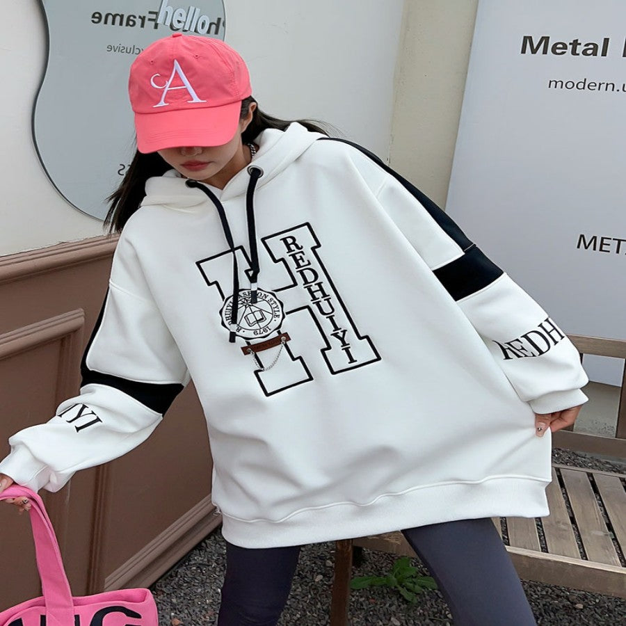 Embroidered Velvet Padded Hooded Sweatshirt for Women | Streetwear