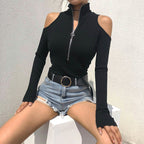 Zipper Long Sleeve T-Shirt Bodysuit with Off-Shoulder Design