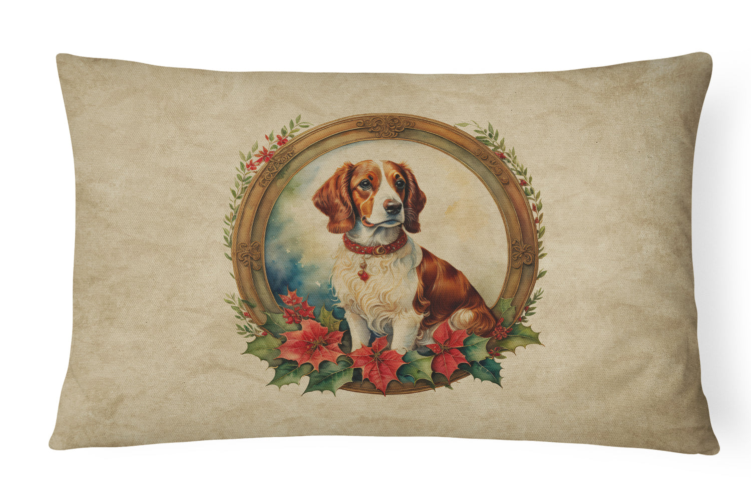 Brittany Spaniel Christmas Flowers Throw Pillow