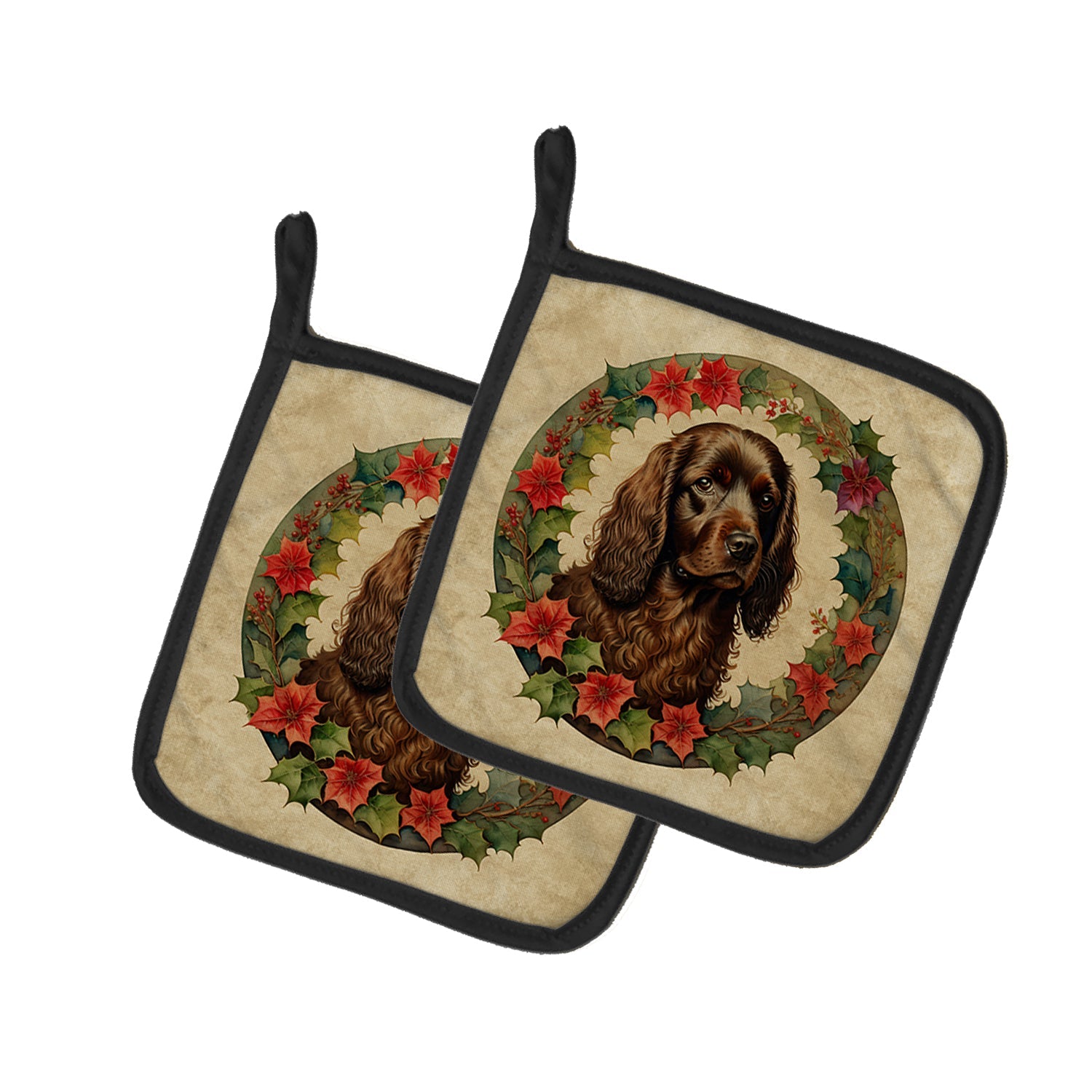 Boykin Spaniel Christmas Flowers Pair of Pot Holders