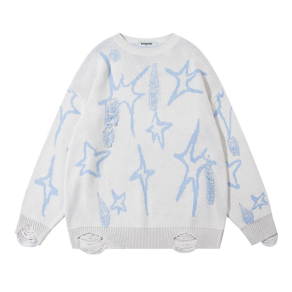 Jacquard Ripped Sweater with Five-pointed Star Design
