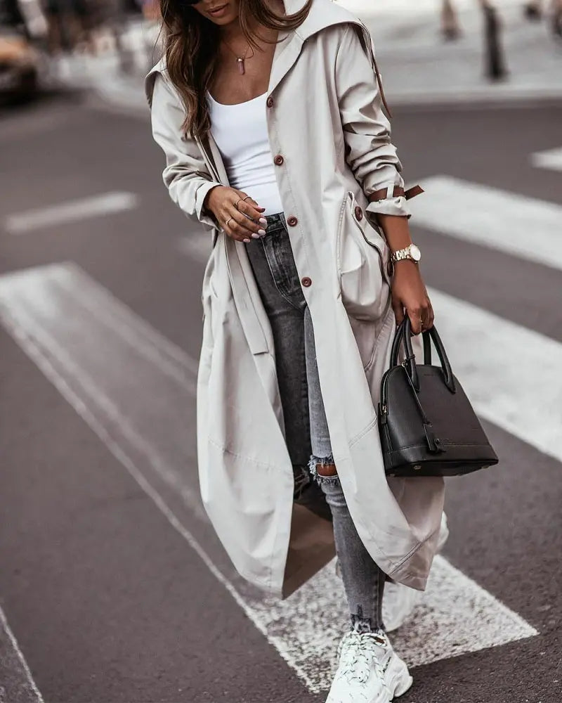 Women's Casual Mid-Length Trench Coat with Lapel