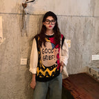 Kawaii Cartoon O-Neck Sleeveless Sweater Vest for Women