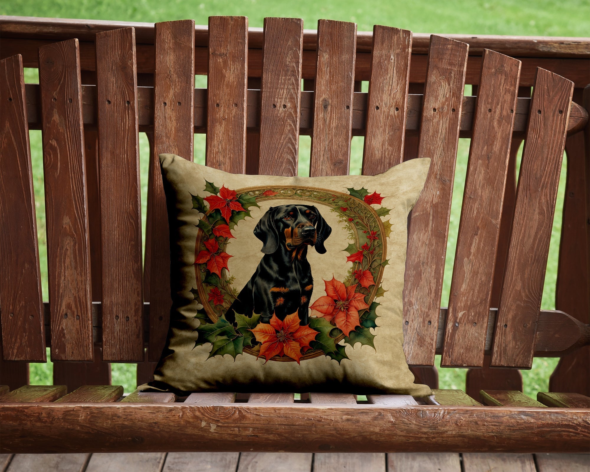 Black and Tan Coonhound Christmas Flowers Throw Pillow