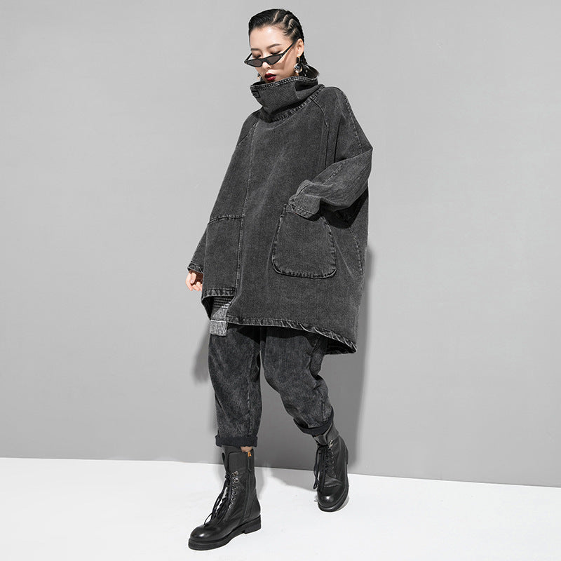 Oversized Black Washed Denim Turtleneck Jacket