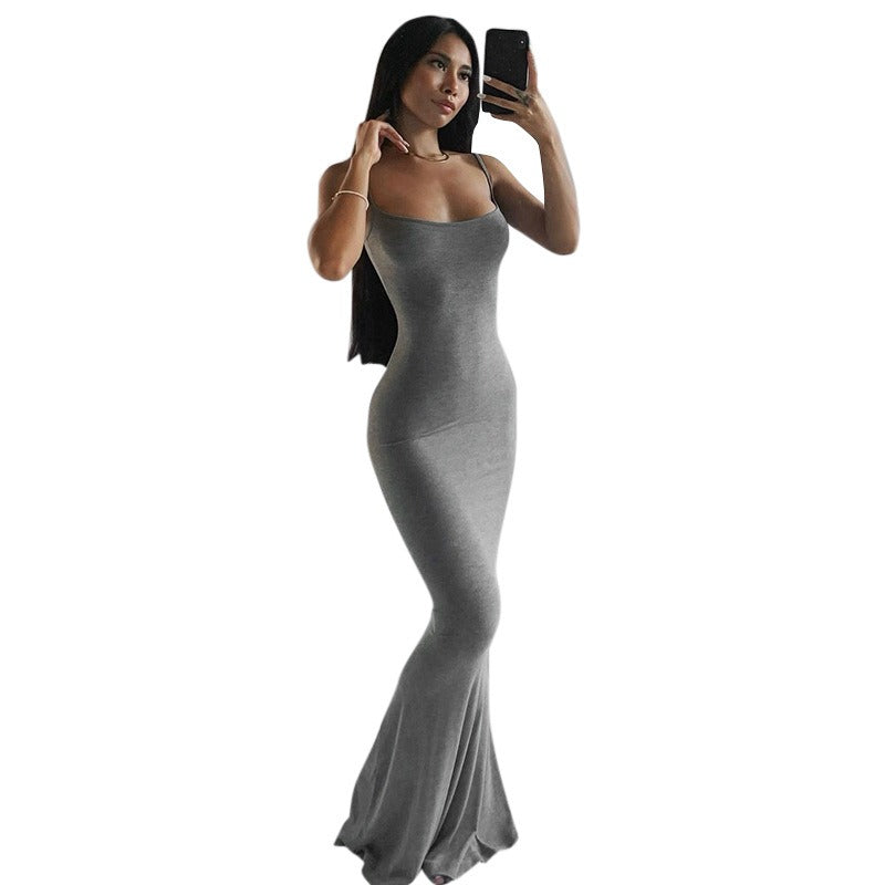 Solid Color Sleeveless Sling Long Dress