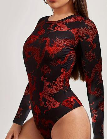 Ladies' Autumn Long Sleeve Dragon Print Bodysuit