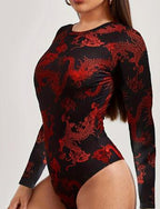 Ladies' Autumn Long Sleeve Dragon Print Bodysuit