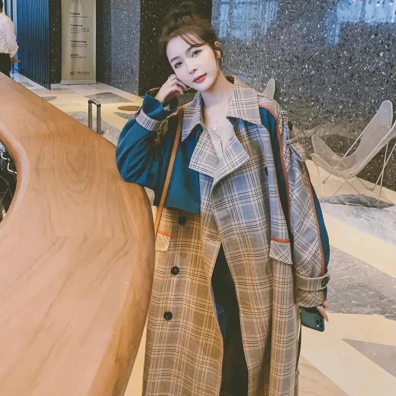 Retro Plaid Women's Mid-Length Loose Windbreaker Jacket