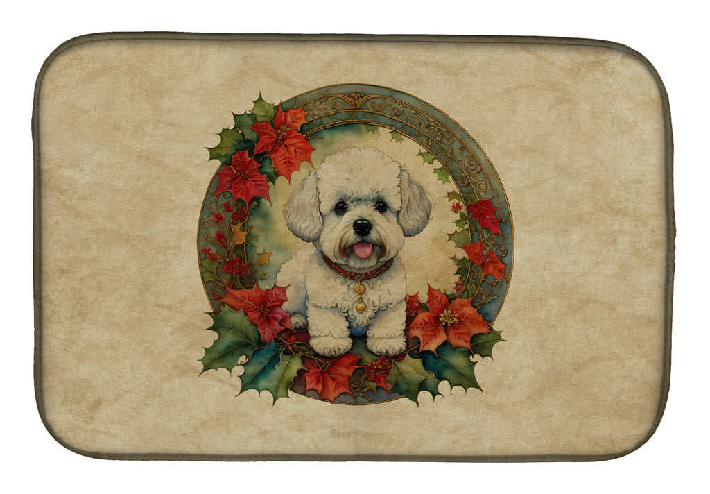 Bichon Frise Christmas Flowers Dish Drying Mat